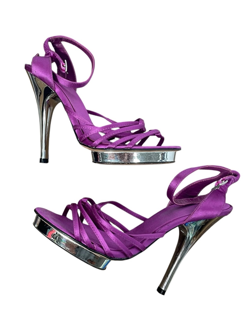 Y2K Bebe Chrome Stiletto Sandals Heels Platform 6M Purple Glam Strap Dress